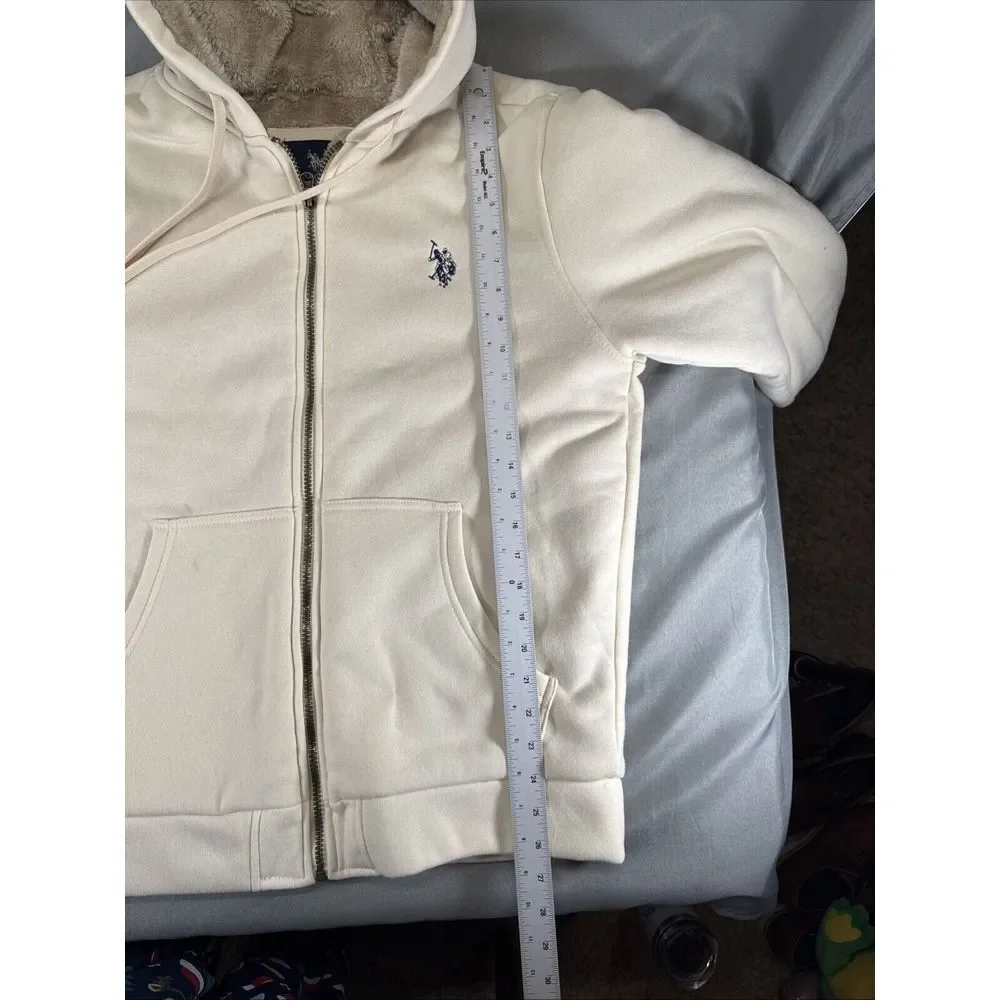 US Polo Assn Sz Medium Oatmeal Colored Sherpa‎ Fur Fleece Hoodie Jacket Pockets